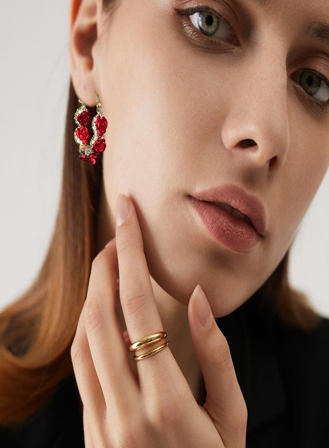 Anmpab Rose Flower Hoop Earrings for Women Rhinestone Floral Camellia Flower Earrings Party Jewelry (Red) - Image 3